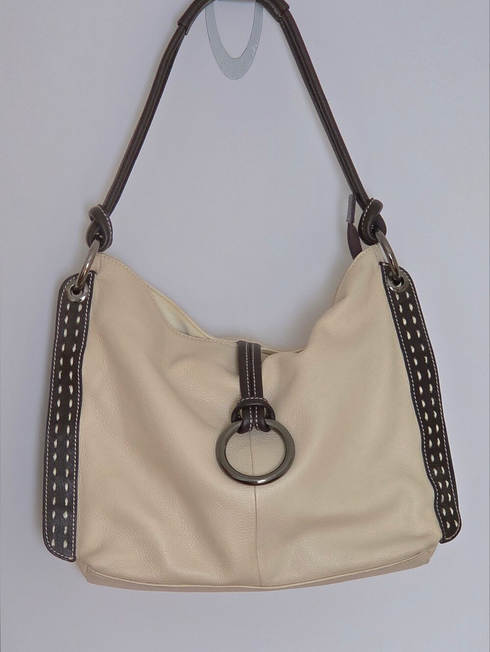 Cream Italian Leather Bag with Dark Brown Trim